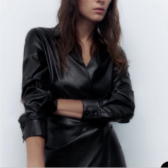 Zara Black Faux Leather Shirt Dress - Picture 12 of 15